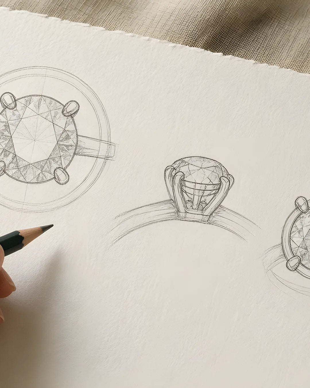 Engagement ring sketches under review at the design table