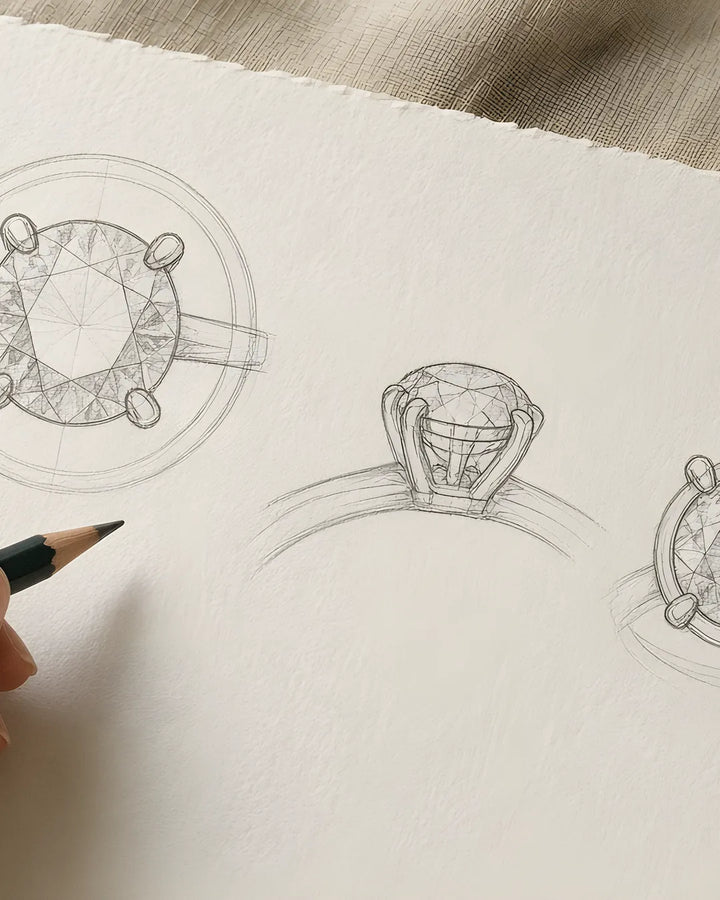 Reviewing a hand-drawn engagement ring line sketch at the atelier table