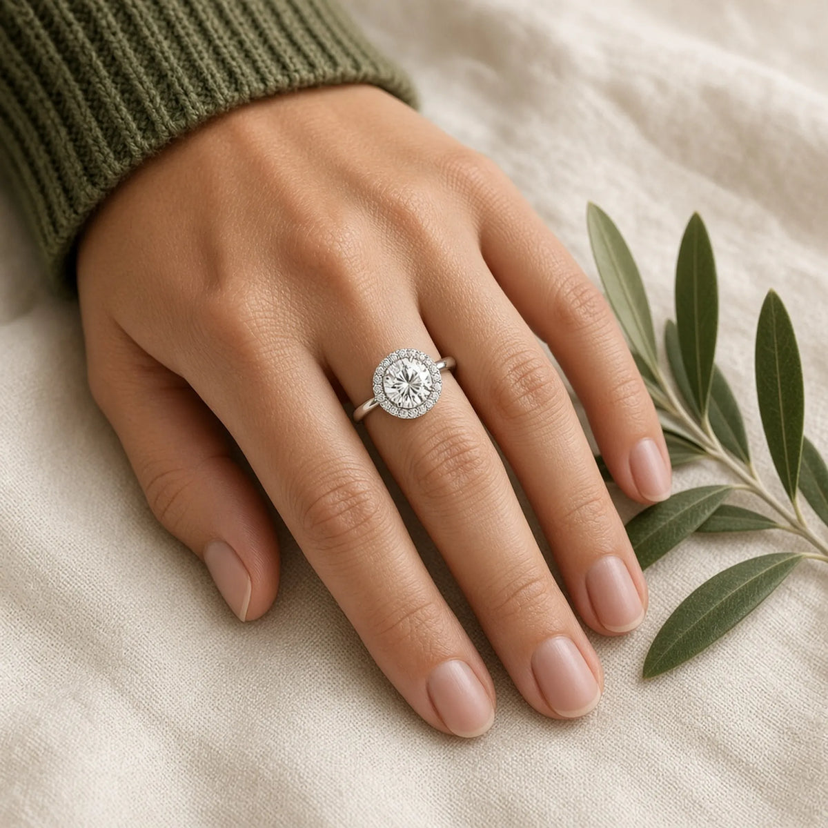 Round lab-grown diamond halo ring in 18K white gold with a plain band, worn on the left hand