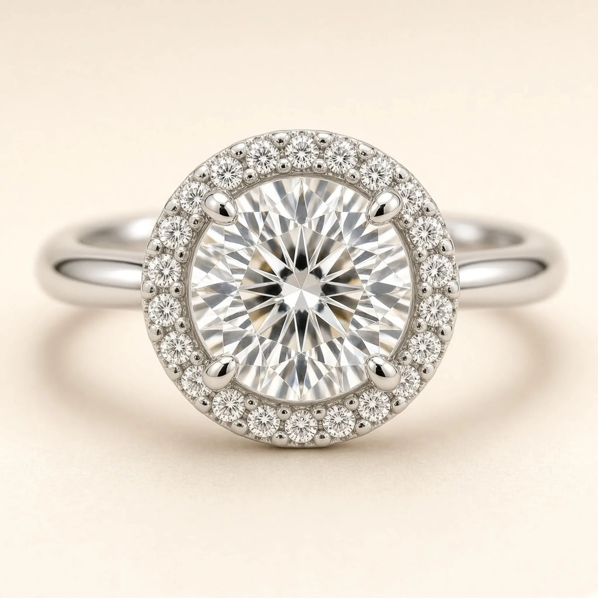 Macro close-up of an 18K white gold pave halo around a four-prong round lab-grown diamond
