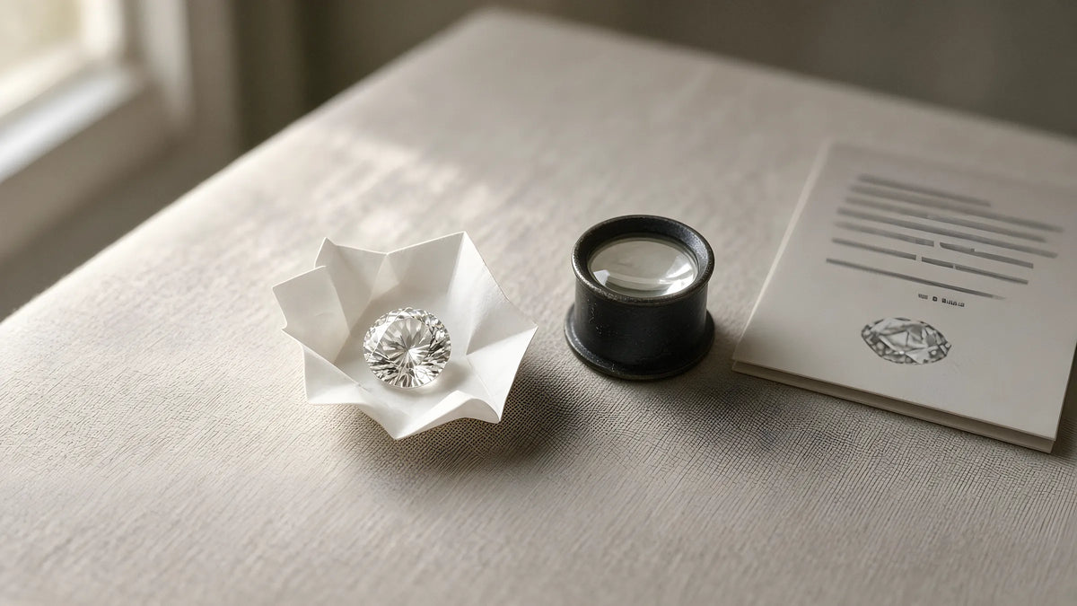 IGI lab-grown diamond report with a jeweller's loupe