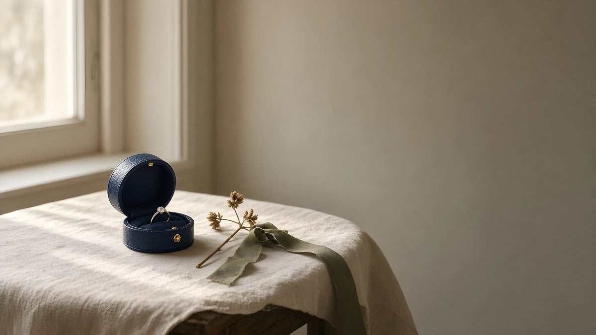Navy ring box on a linen table in window light