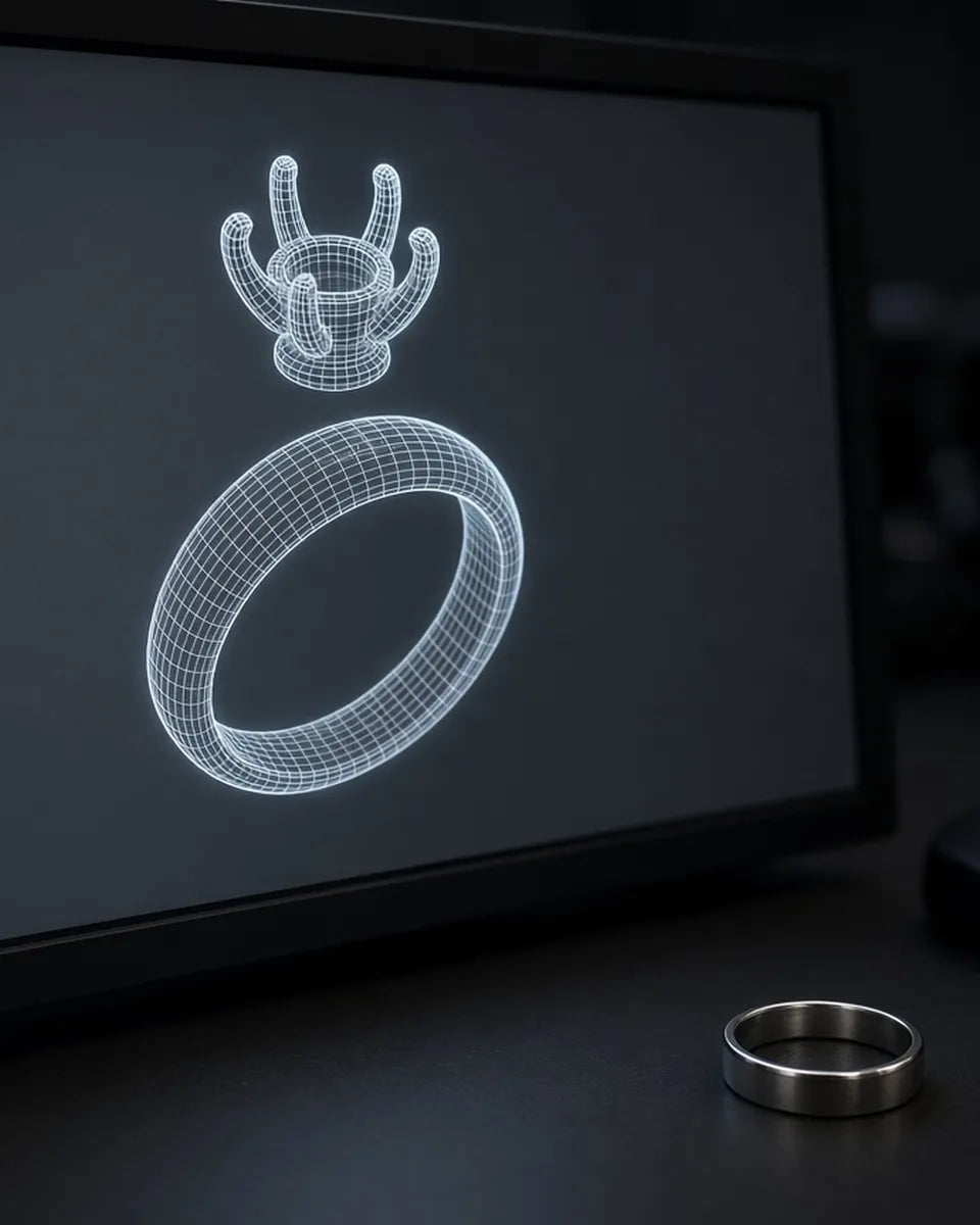 CAD wireframe of a solitaire ring band and four-prong head on a jeweller's monitor – STELLIVON custom ring making