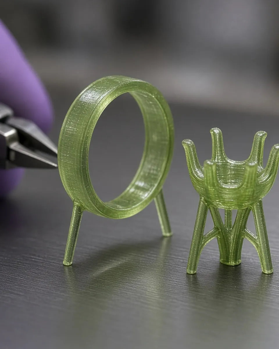 3D printed castable resin model of a ring band and four-prong head with supports – STELLIVON custom ring making