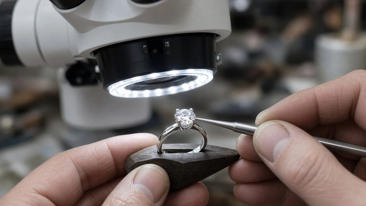 Stone setter setting a lab-grown diamond in white gold prongs under a microscope – STELLIVON custom ring making