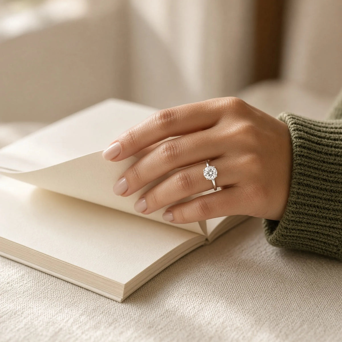 Four-prong round lab-grown diamond solitaire in 18K white gold worn on the left hand, lifestyle