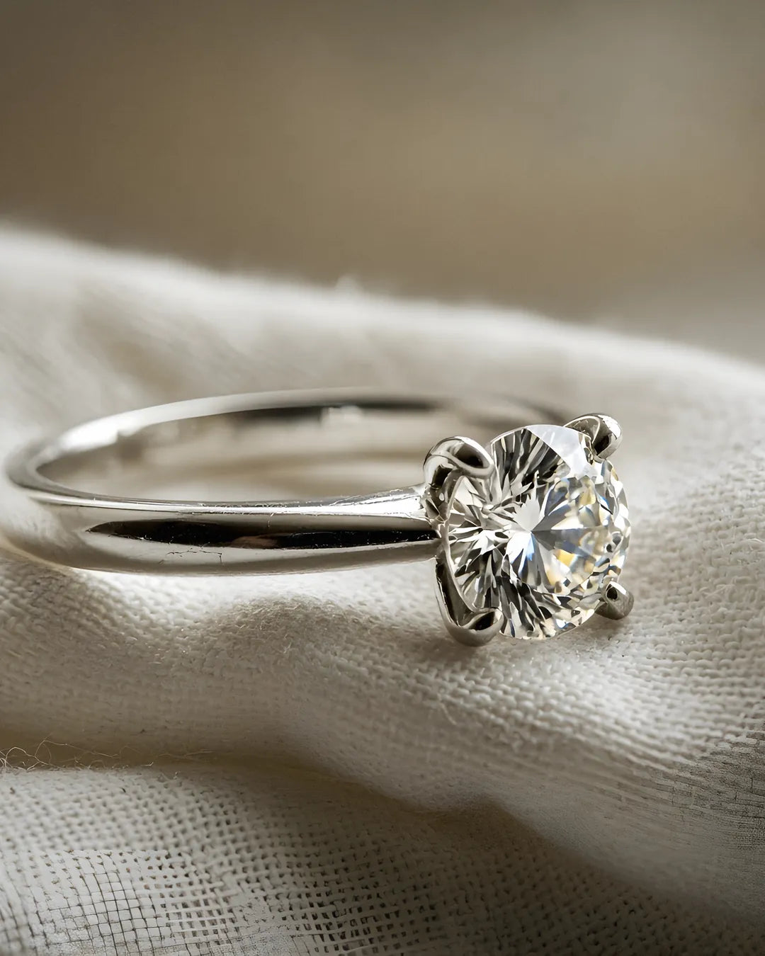 White gold four-claw round solitaire engagement ring macro