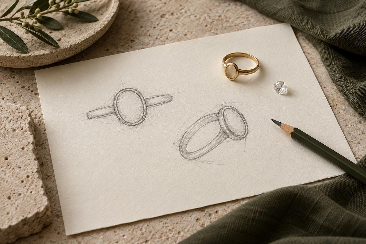 Illustrative ring-design dialogue with sketches and materials; not an actual workshop scene