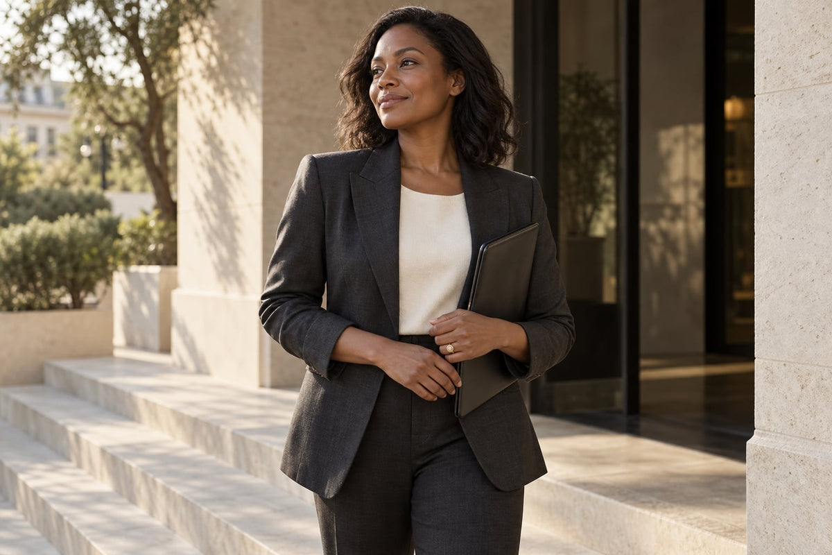 Brand concept: a woman with a portfolio at a sunlit stone doorway, suggesting a new chapter; not a customer endorsement